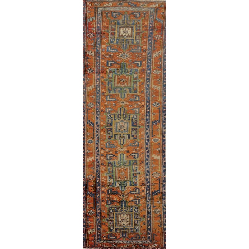 Hand Knotted Oriental 100% Wool Carpet Traditional Geometric Oranges & Rust Heriz (serapi) Runner Rug - 10' 2'' X 2' 8''