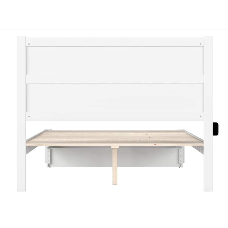 Rustic Bed with Storage Drawer - Modern Platform Bed Frame - White Finish - Home Bedroom Furniture