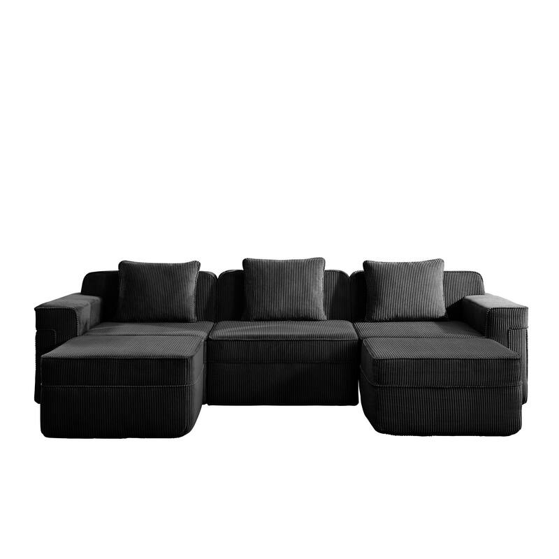GDFStudio - Corduroy Modular 3-Seater 117.3" U-Shaped Boneless Cloud Sofa with 2 Ottomans