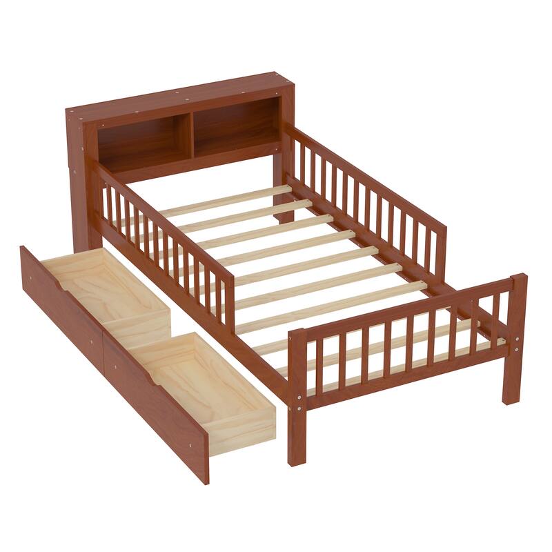 Safe Kids Bed Platform Bed Twin Size Wood Bed Frame with Storage Headboard and 2 Drawers Under, 3-Side Guardrails for Boys Girls