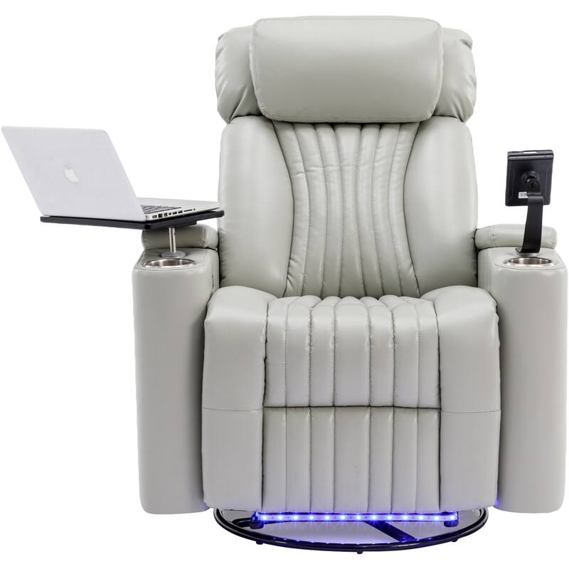 270° Power Swivel Recliner,Home Theater Seating With Hidden Arm Storage and LED Light Strip,Cup Holder