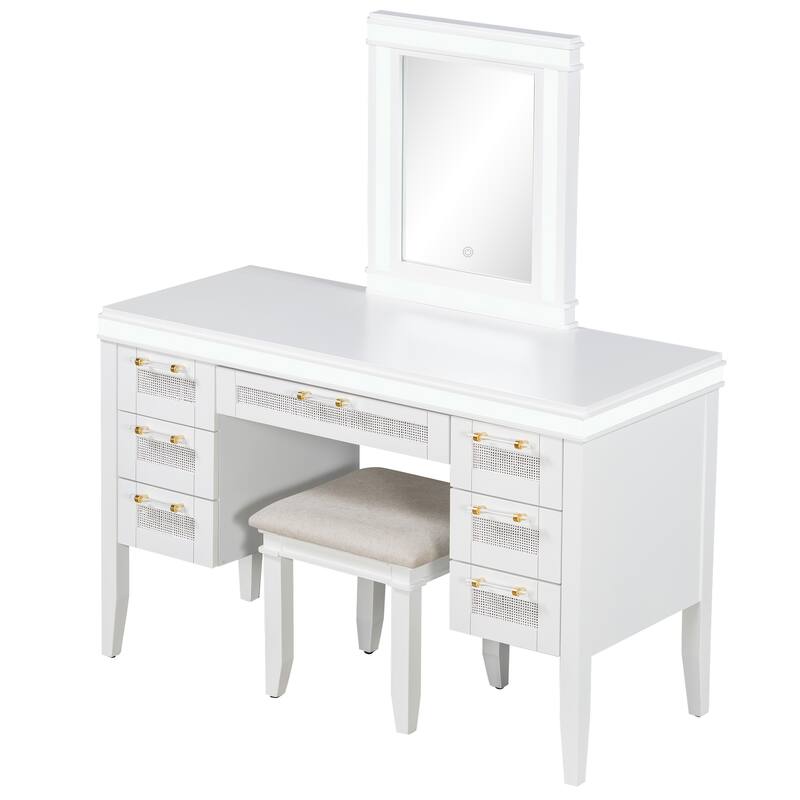 Vanity Desk with LED Lighted Mirror, Large Makeup Vanity Table, Dressing Table Set with 7 Drawers & Cushioned Stool