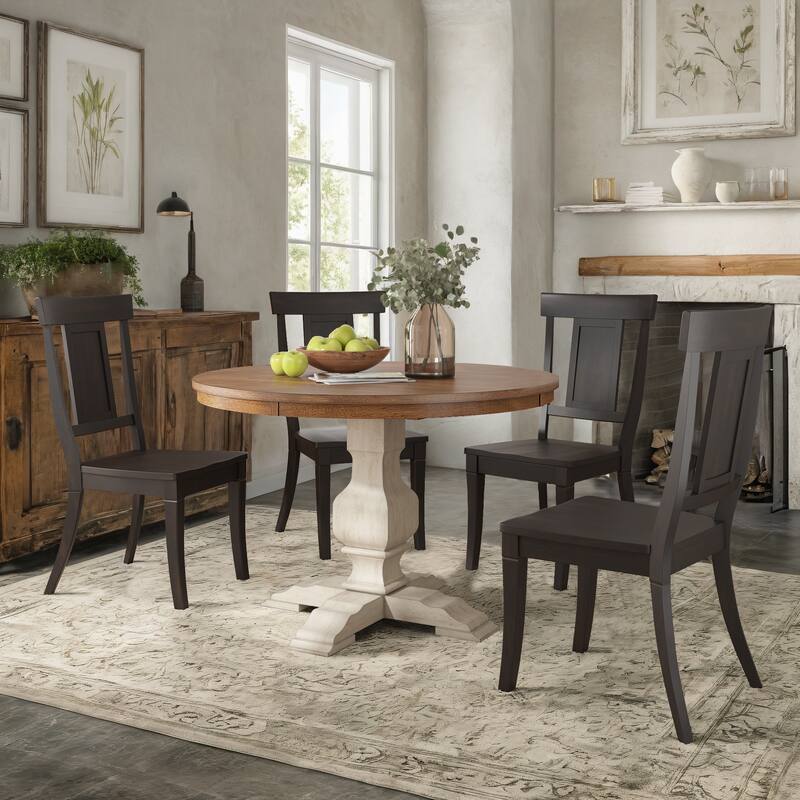Ronda 45" Round Solid Wood Top Dining Set with Panel Back Chairs - Antique White Table - Antique Black Chairs