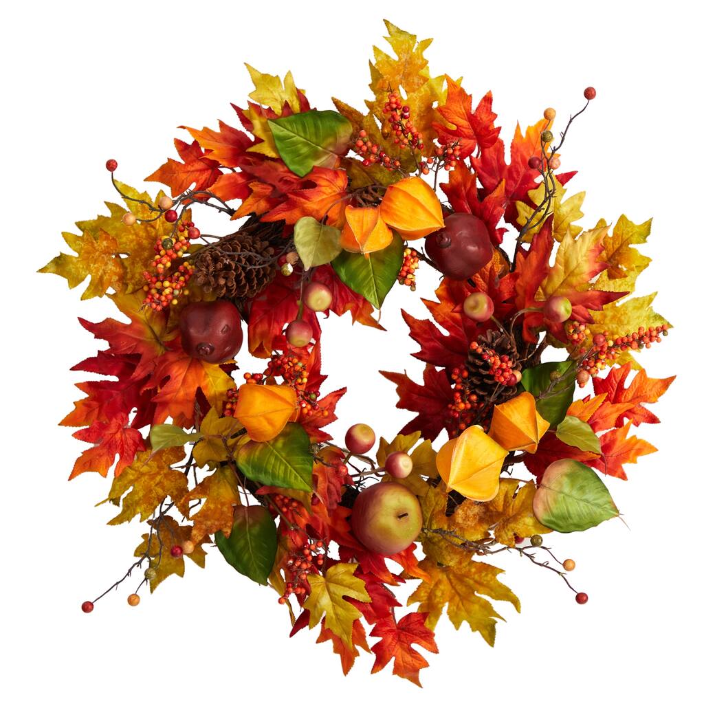 Autumn Maple Leaf Berries and Pinecone Artificial Wreath, 24-Inch, Unlit