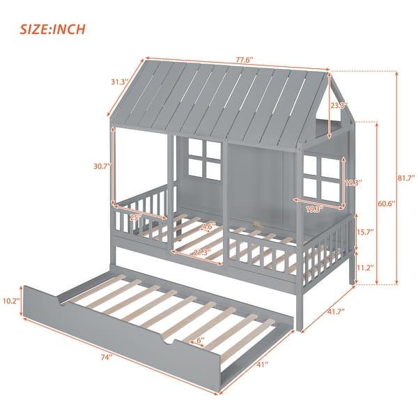 dimension image slide 1 of 4, Wood House Bed with Twin Size Trundle, Wooden Daybed Frame with Roof and Window, Bedroom Furniture for Kids, Teens, Girls & Boys