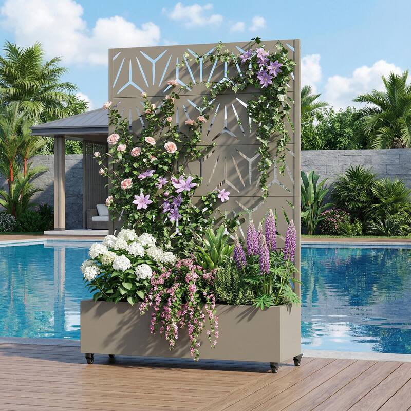 Metal Galvanized Planter Box with Trellis Privacy Screen Lockable Wheels
