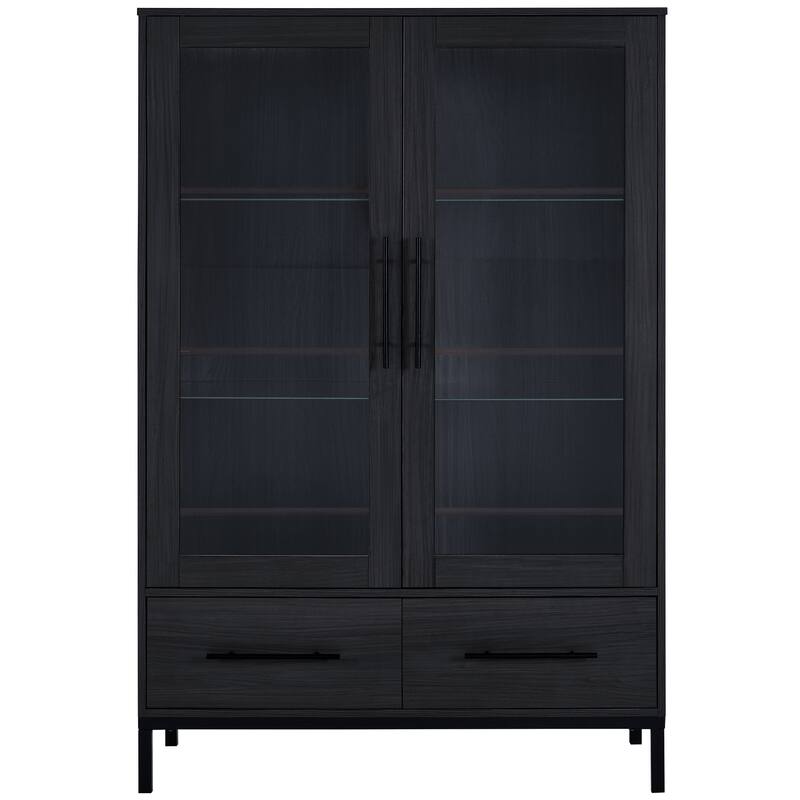 60'' Tall Display Cabinet with Tempered Glass Door, LED Lighting, 2 Drawers, Modern Storage Cabinet Book Display Cabinet
