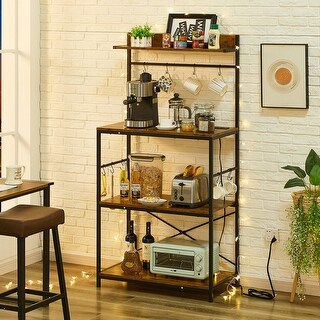 Bakers Rack with Power Outlet, Microwave Stand with 10 S-Shaped Hooks, 3 Tier, Coffee Bar, Kitchen Storage Shelf, Brown