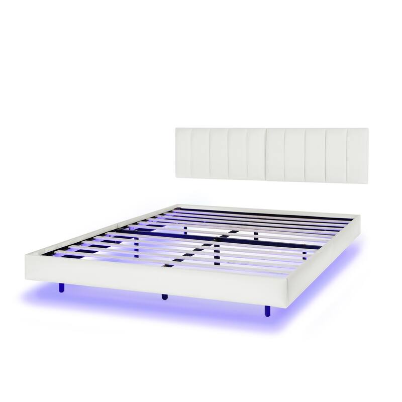 Queen Floating Bed Frame with LED Lights and Wall Mounted Headboard Low Profile Led Platform Bed Frame,No Box Spring Needed