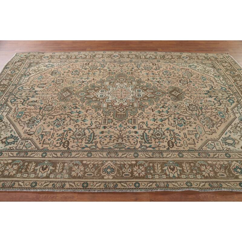 Hand Knotted Oriental 100% Wool Carpet Traditional Medallion Peach Tabriz Area Rug - 9' 5'' X 6' 7''
