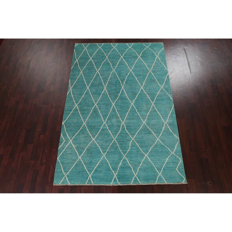 Turquoise Trellis Moroccan Vegetable Dye Area Rug Handmade Wool Carpet - 6'4" x 9'5"