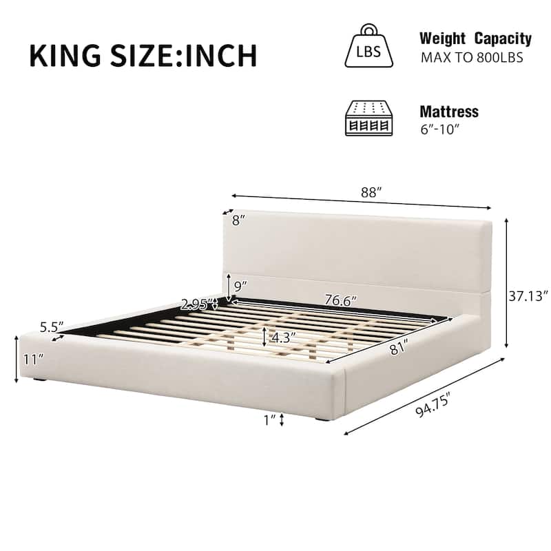King Size Bed Frame with Thick 8" Headboard/Upholstered Platform Bed Frame/Solid Wood Support Slats/No Box Spring Needed/Beige