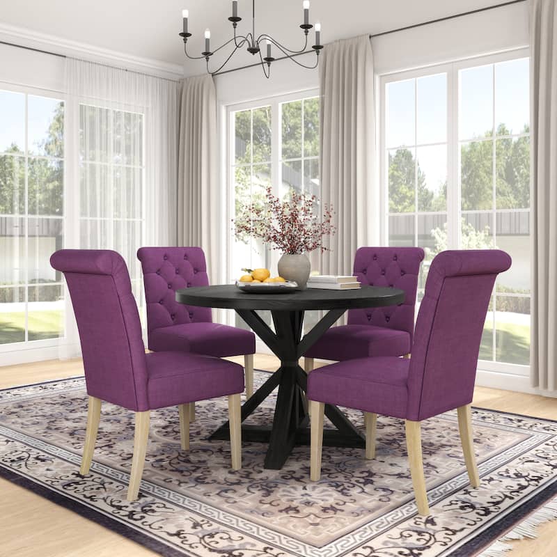 Roundhill Furniture Banff 5-Piece Round Dining Set, Cross-Buck Round Table with 4 Tufted Chairs - Purple