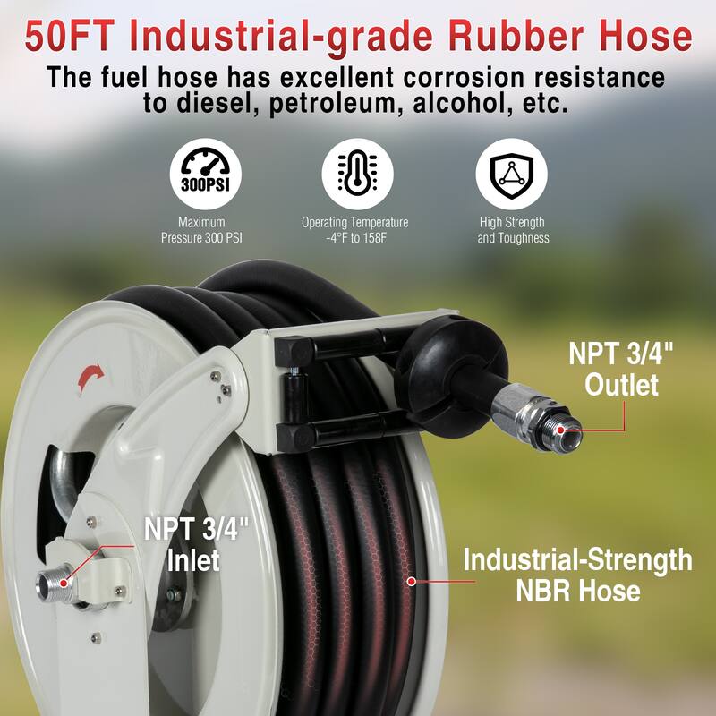 Fuel Hose Reel Retractable 3/4'' 50ft with Fueling Nozzle, Diesel Fuel Hose Reel