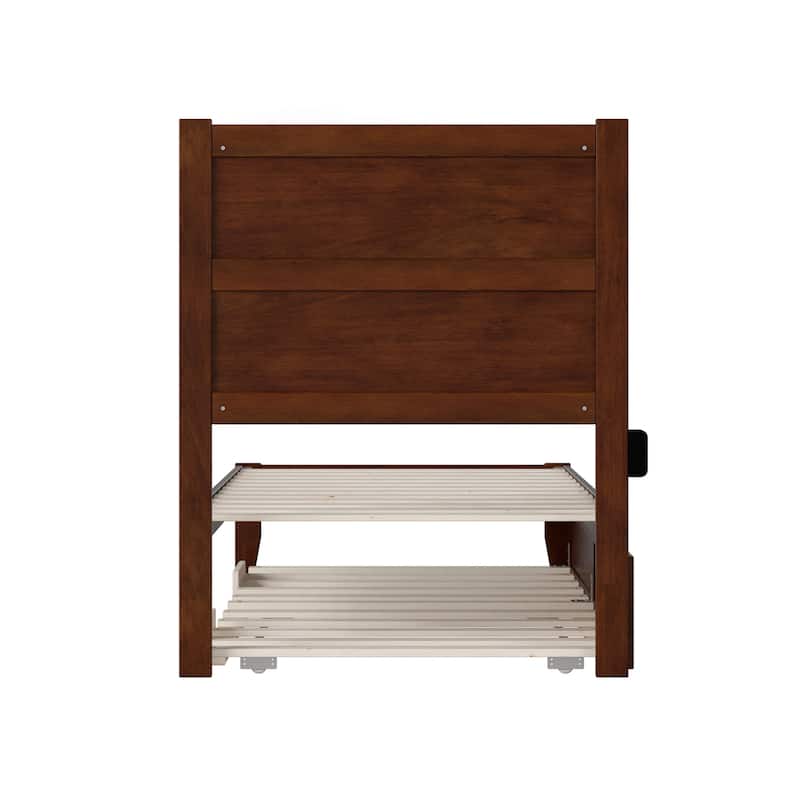 Twin Bed with Trundle - Walnut Platform Bed Frame - Modern Style - HomeStock