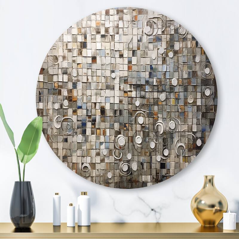 Designart "Brown And White Bohemian Medley" Boho Mosaic Metal Round Wall Art