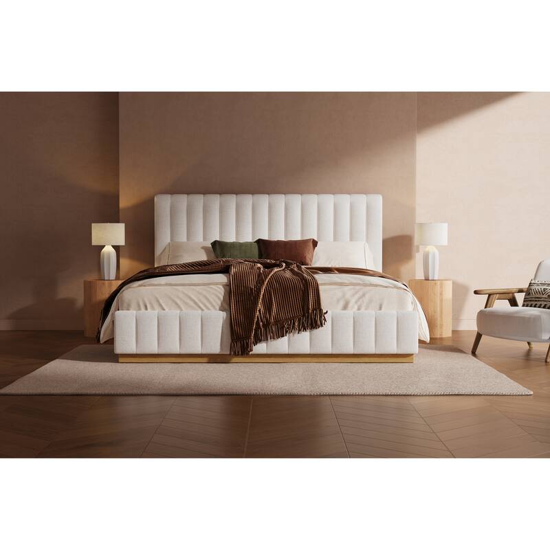 Christopher Knight Home - Harper Modern Linen Upholstered King Bed Frame with Thick Headboard and Solid Wood Base