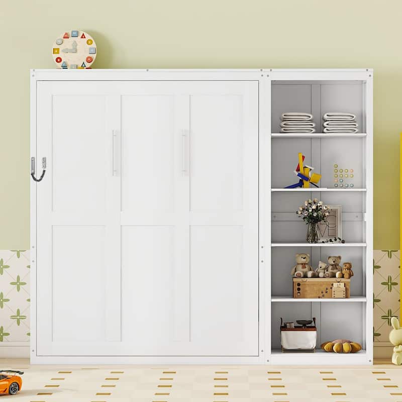Queen Size Murphy Bed Wood Wall Bed Folding Bed with Storage Shelves - White - Queen