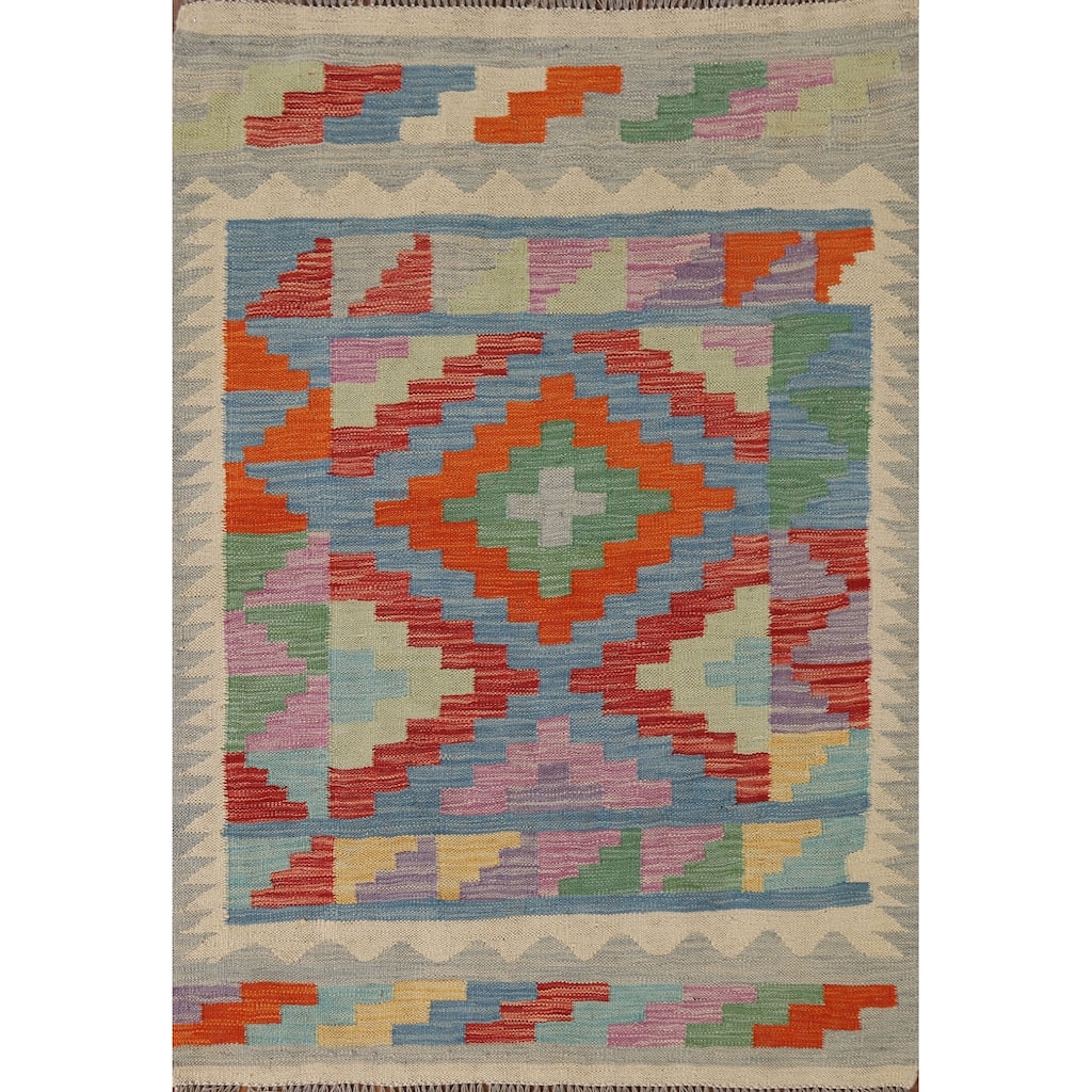 Multicolor Geometric Kilim Oriental Area Rug Hand-Woven Wool Carpet - 3'3"x 4'8"