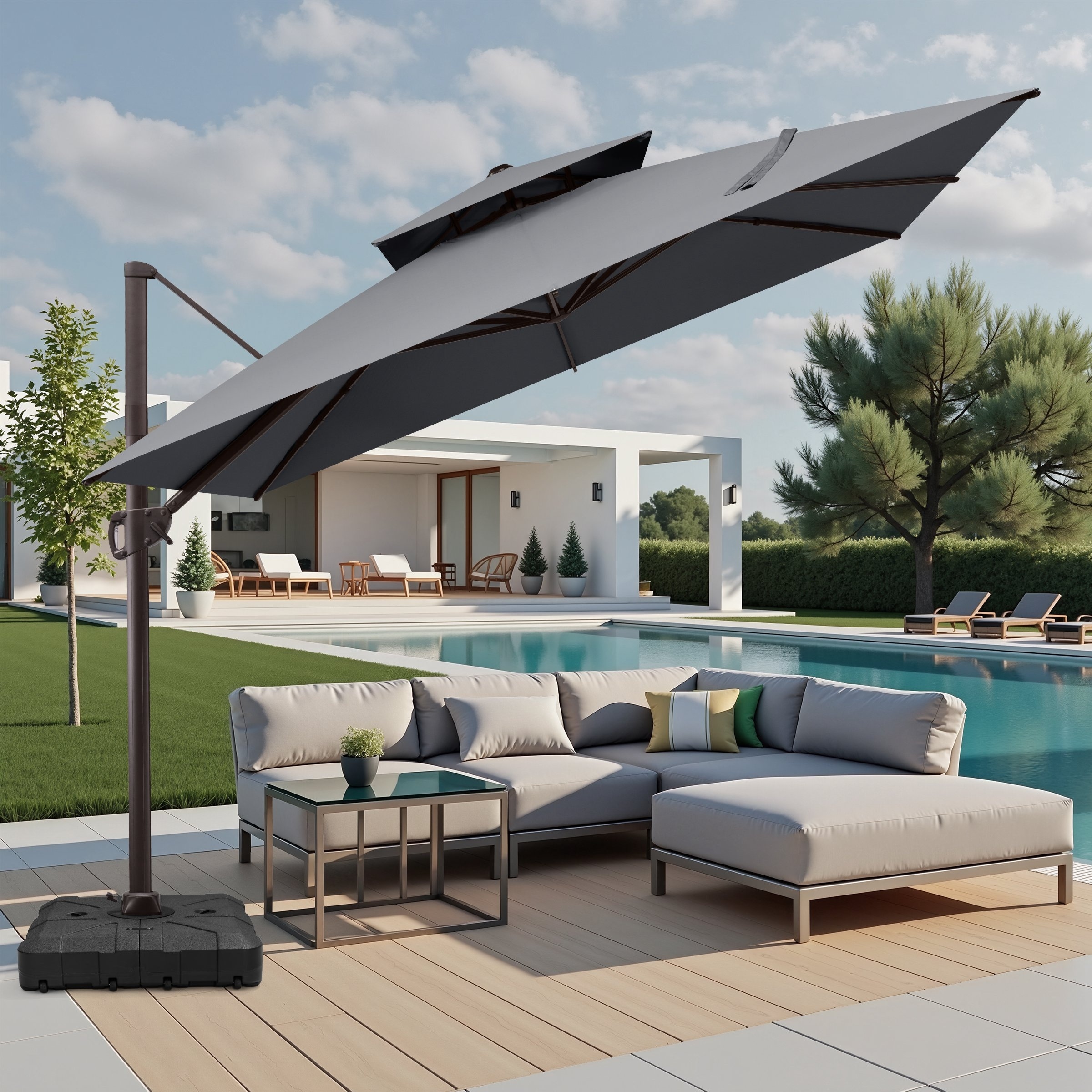 VredHom 11 FT Square Outdoor Patio Aluminum Double Top Cantilever Umbrella with Wheel Base Stand