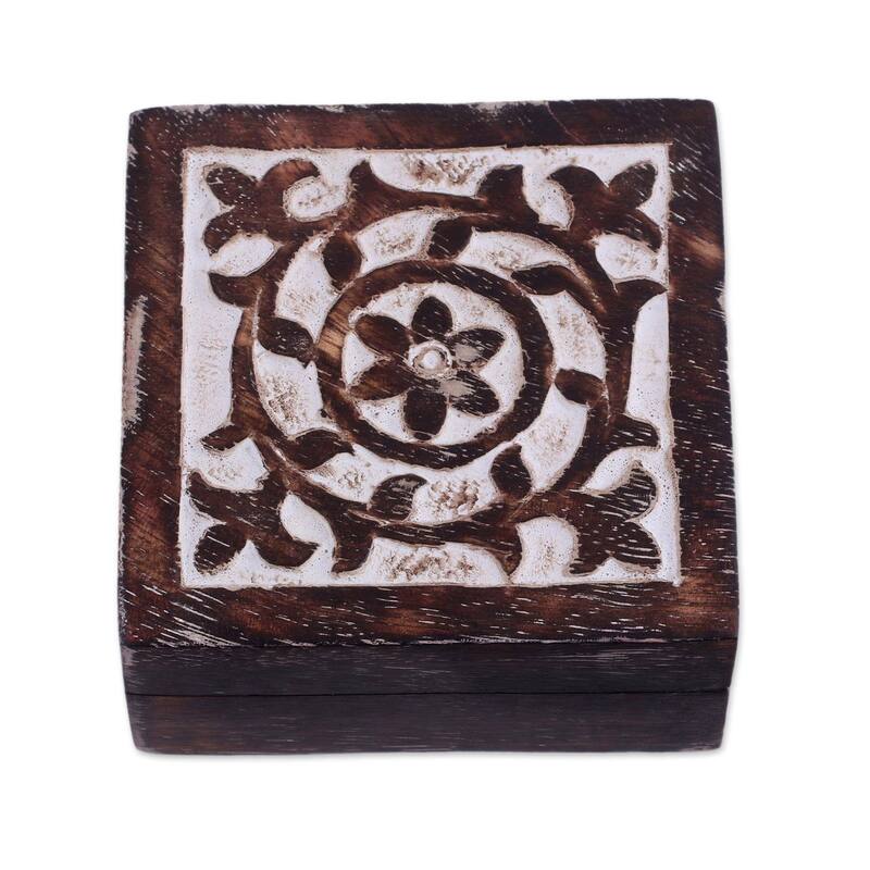 Novica Handmade Floral Circle Wood Decorative Box - 1.5" H x 3.1" W x 3.1" D