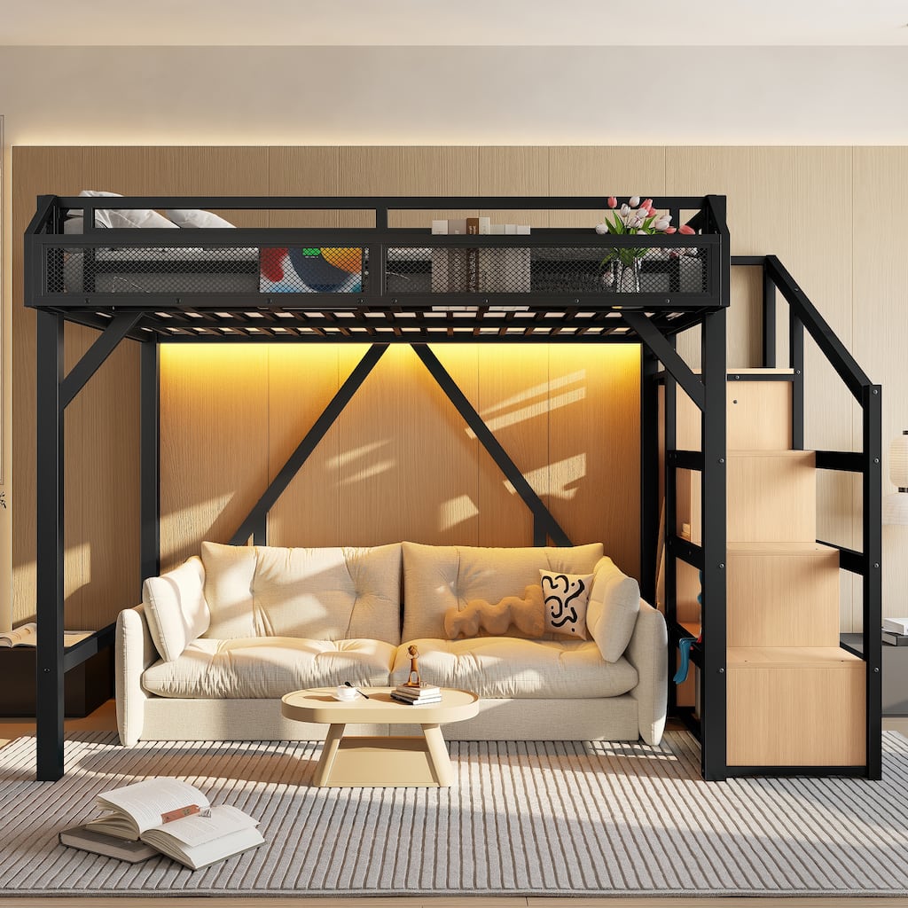 Twin Loft Bed with Storage Stairs, Shelves and Built-in Wardrobe, Metal Loft Bed Frame with USB Ports and LED Lights