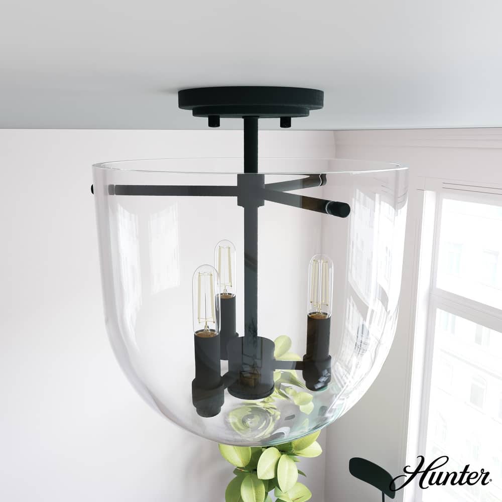 Hunter Sacha 3-Light Semi-Flush Mount Ceiling Light w/ Clear Glass - Entry, Dining Room, Kitchen Table - Modern, Low-Profile