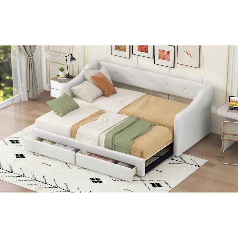 Twin XL to King Size Upholstered Daybed with 2 Drawers for Storage, Gray Fabric Sofa Bed with Comfortable Backrest
