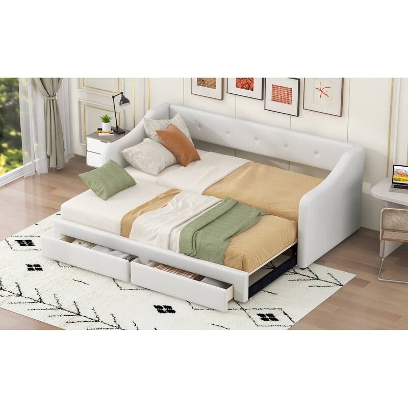 Twin XL to King Upholstered Daybed with Two Drawers and Pop-up Trundle, Expandable for Guests Room, No Box Spring Needed