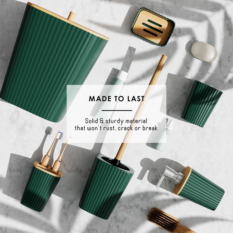 Empyrean Bamboo Bathroom Accessories Set with Shower Curtain Set, Toilet Brush, Trash Can & Soap Dispenser