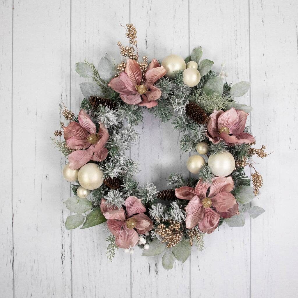 Pink Floral Ornament Frosted Pine Artificial Christmas Wreath 24-Inch