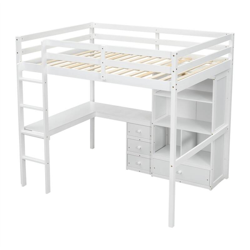 Full Size Loft Bed with Bulit-in L-Shaped Desk and Ladder, Wooden High Loft Bedframe with Storage Drawers and Shelves