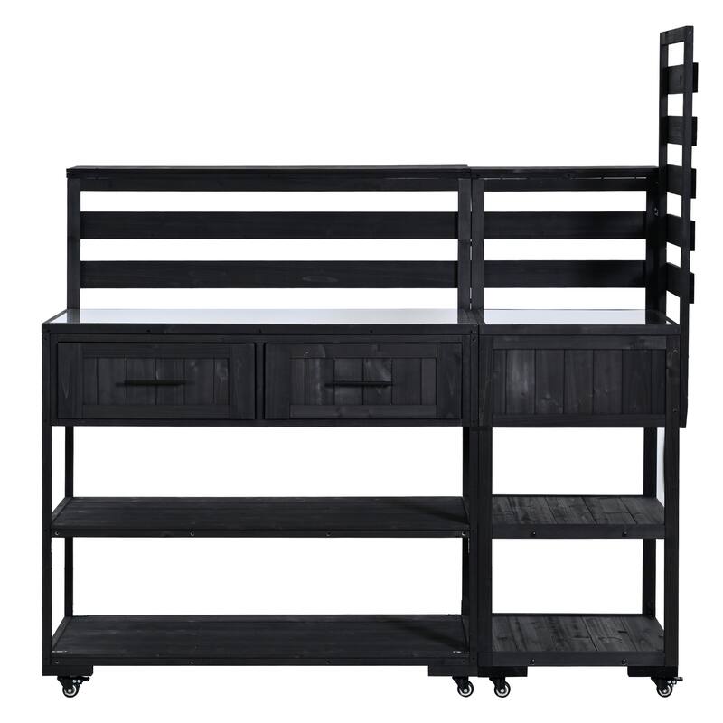 Solid Wood 62.3'' Patio Kitchen Island Kitchen Cart with Stainless Table Top, Garden Potting Bench with Raised Shelf and Drawers
