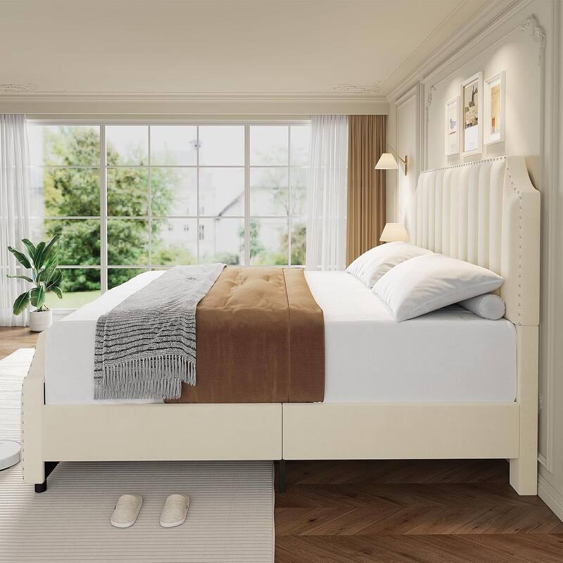 Queen/ King Size Velvet Bed Frame, 50.2" Tall Headboard & Footboard, Upholstered Platform Bed Frame No Box Spring Needed