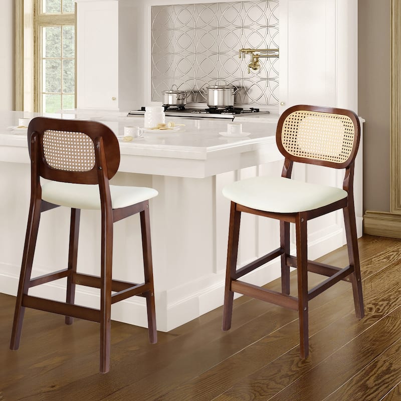 Wood Upholstered Counter Height Bar Stools with Rattan Back - 36.81"H x 17.72"W x 18.7"D