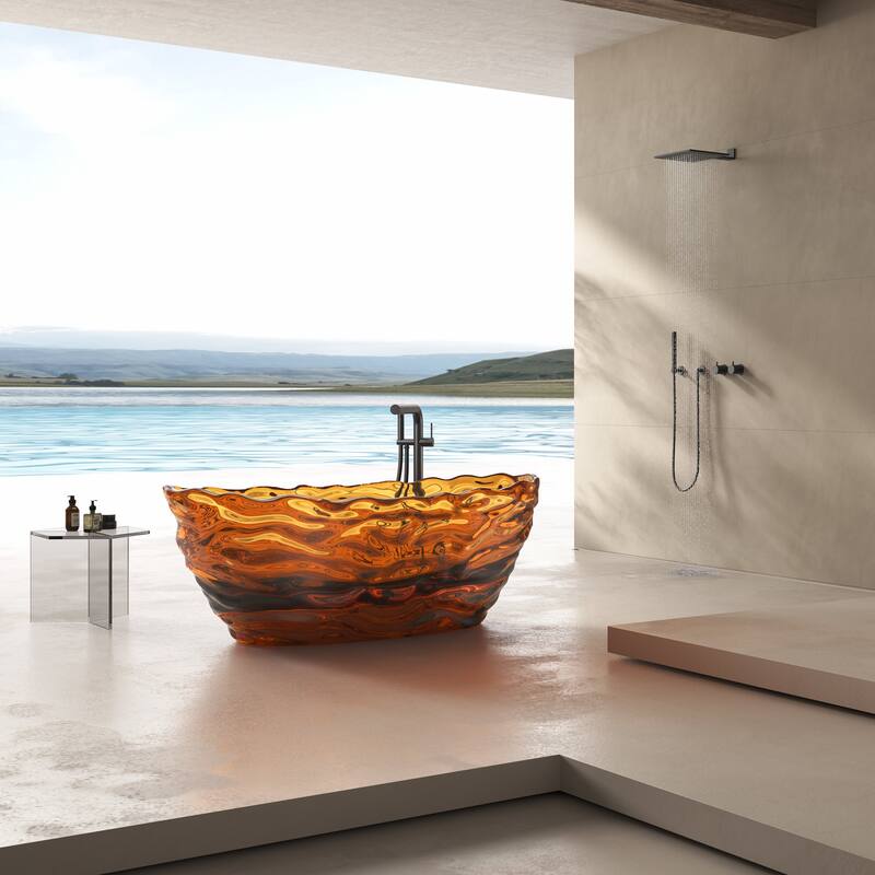 Vanity Art 69" x 30" Stone Resin Oval Freestanding Bathtub, Soaking Tub with Pop Up Drain