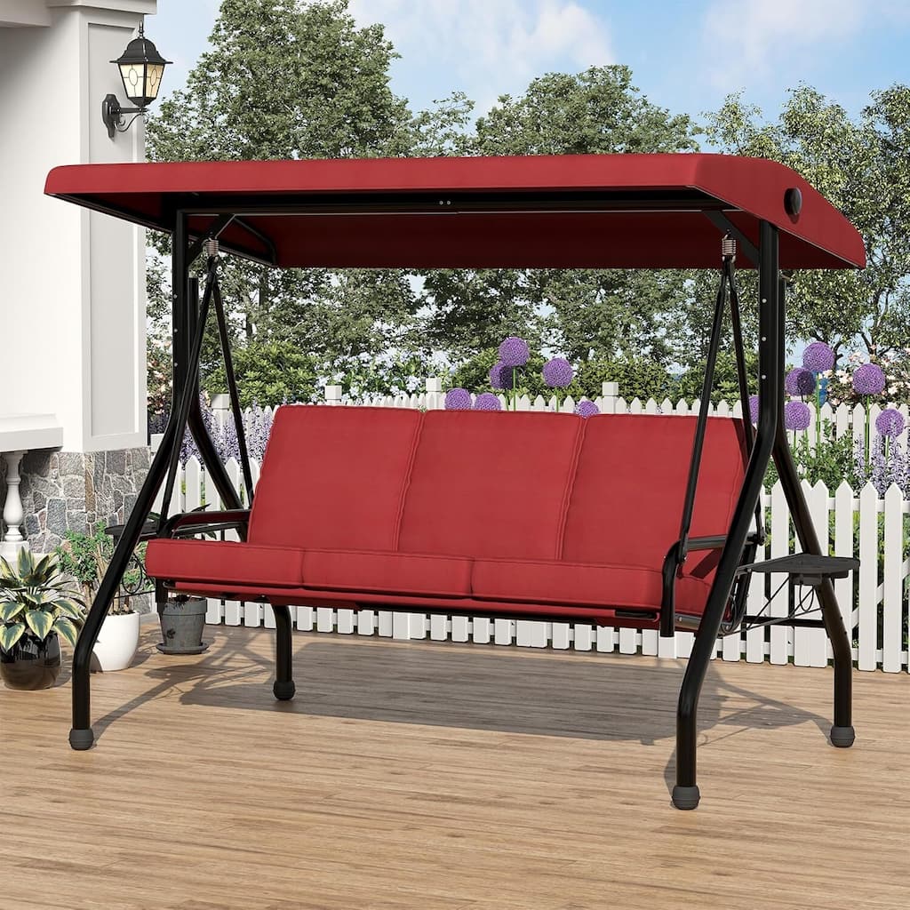 3 Seat Outdoor Porch Swing Chair with Canopy & Cup Holders for Backyard, Porch, Garden