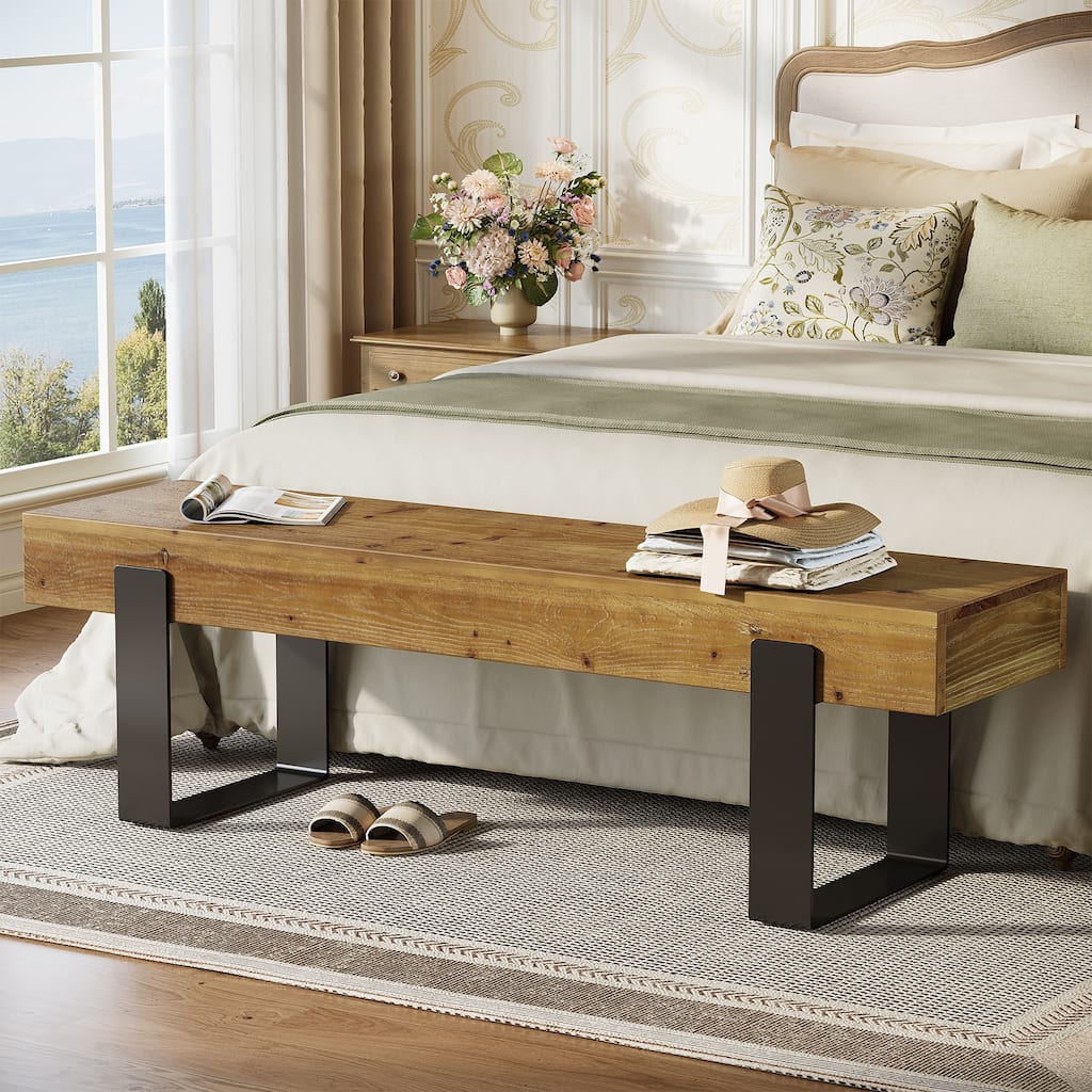 63" Solid Wood Bed Bench with Metal Legs, Farmhouse Multi-Use Bench - N/A