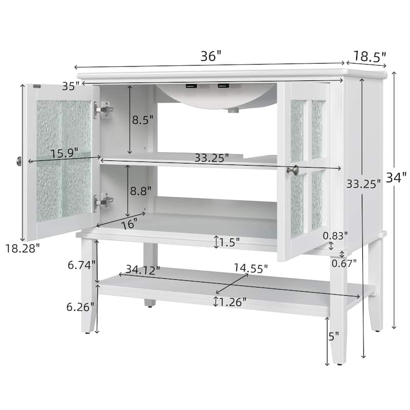 36" Bathroom Vanity with Ceramic Sink, Adjustable Shelf, Open Shelf, Solid Wood Legs & Soft-Close Hinges