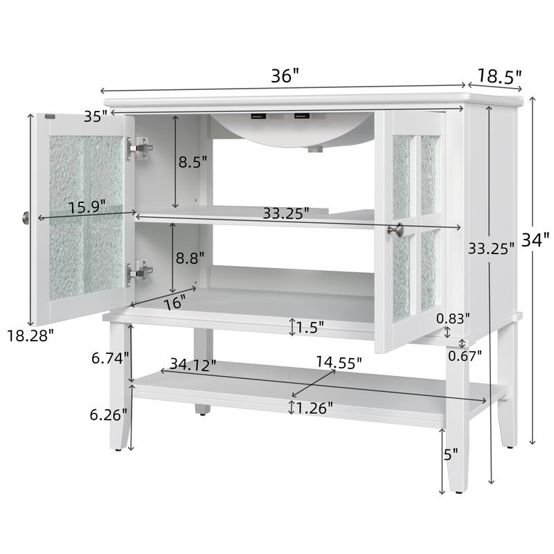 36" Bathroom Vanity with Ceramic Sink, Bathroom Vanity with Adjustable Shelf and Open Shelf, with Solid Wood Legs