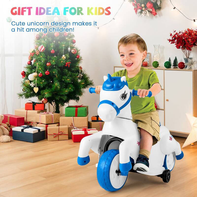 Gymax 12V Kids Ride on Unicorn Toy w/ Training Wheels Music One-button