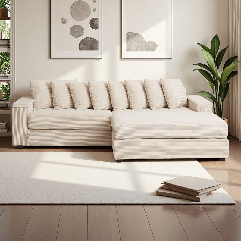 104" Corduroy L-Shaped Sectional Sofa with Ottoman Included, 8 Pillows and Armrest Storage - Beige