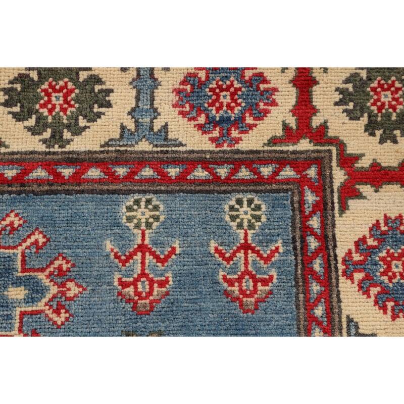Blue Geometric Kazak Foyer Rug Hand-Knotted Oriental Wool Carpet - 3'4" x 4'11"