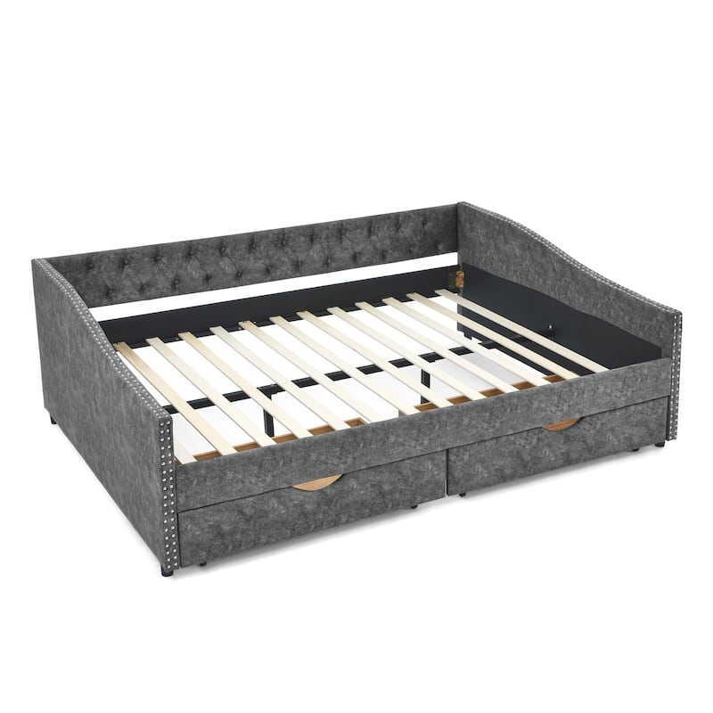 2 in 1 Pull Out Couch Bed Queen Size Daybed with Drawers Upholstered Tufted Sofa Bed,with Button on Back and Copper Nail