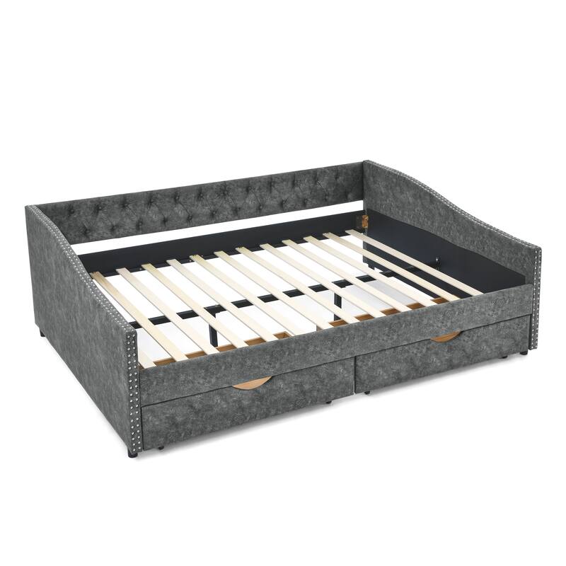 Queen Size Linen Upholstered Daybed Frame with 2 Drawers & Tufted Backrest