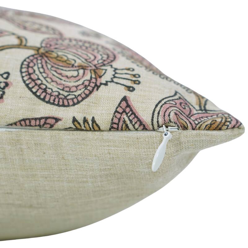 Fabdivine Linen Blend Handmade Block printed Floral Cushion Cover for Rustic Living or Bedroom 12x20 Inch, Custard Apple