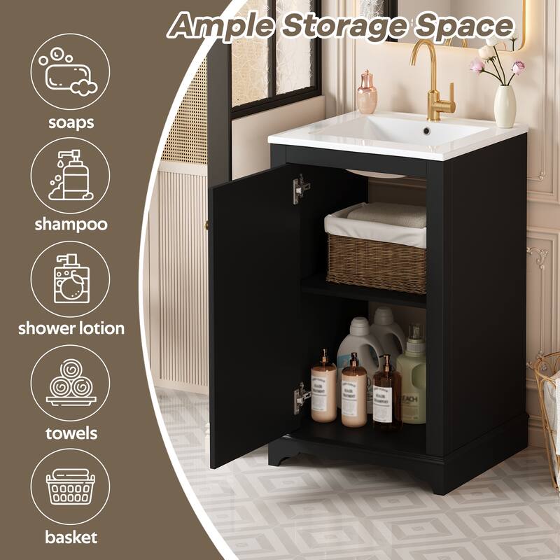 20-Inch Freestanding Bathroom Vanity with Ceramic Sink, Shaker Style, Soft-Close Door, Adjustable Shelf, Solid Wood/MDF