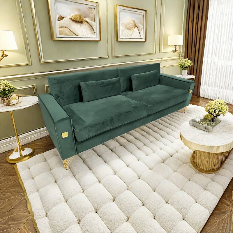 Modern 85.63" Velvet 3-seater Sofa with Gold Accents and Plush Cushions for Living Room