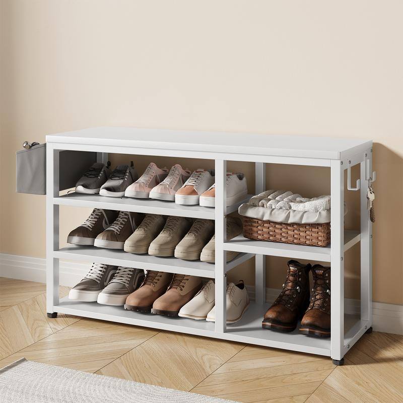 Industrial Hall Tree with 6 Hooks, Entryway Bench with Shoe and Coat Racks