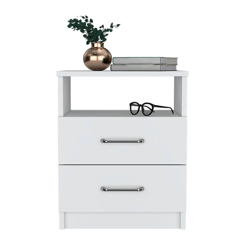 20-Inch White Nightstand with Two Drawers and Open Shelf